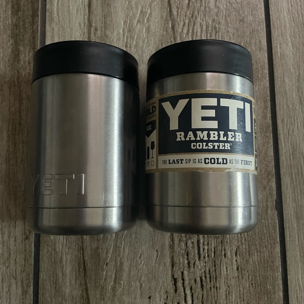 (2)YETI Rambler Colster Stainless Steel Can Insulator - Silver with Black Top
